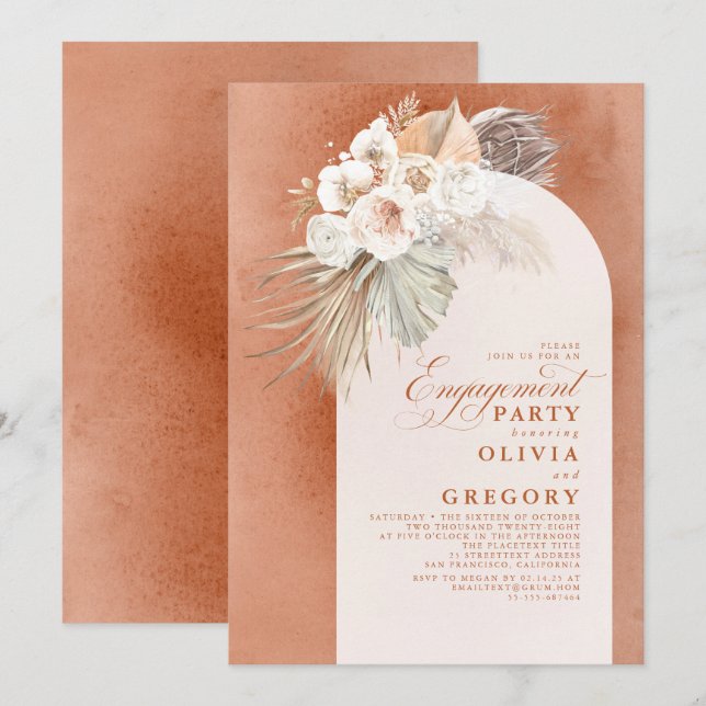 Invitation Fleurs blanches Pampas Grass Boho Party (Devant / Derrière)