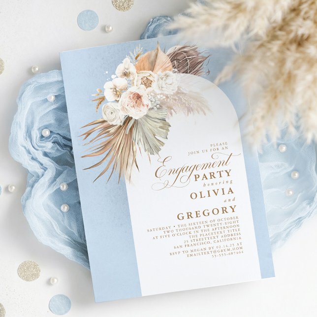 Invitation Fleurs blanches Pampas Grass Boho Party (Dusty Blue Chic Elegant Exotic Boho Engagement Party Invitations)