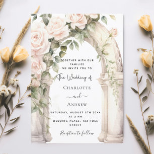 Invitation Fleurs blanches romantiques roses arche mariage