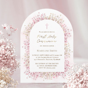 Invitation fleurs blanches roses aquarelle Première Communion