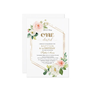Invitation Fleurs blanches roses d'or Premier anniversaire & 