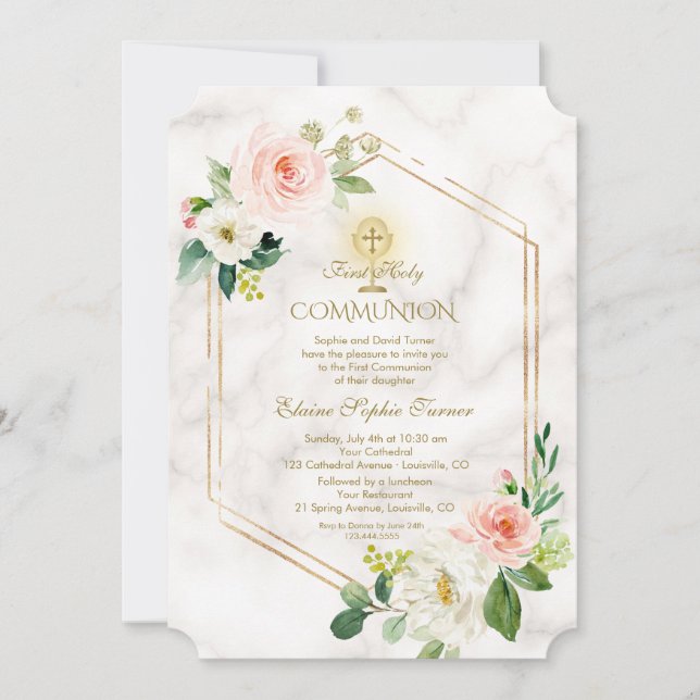 Invitation Fleurs blanches roses Marbre Or Sainte Communion (Devant)