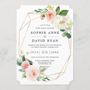 Invitation Fleurs blanches roses Rose Or tout en un Mariage
