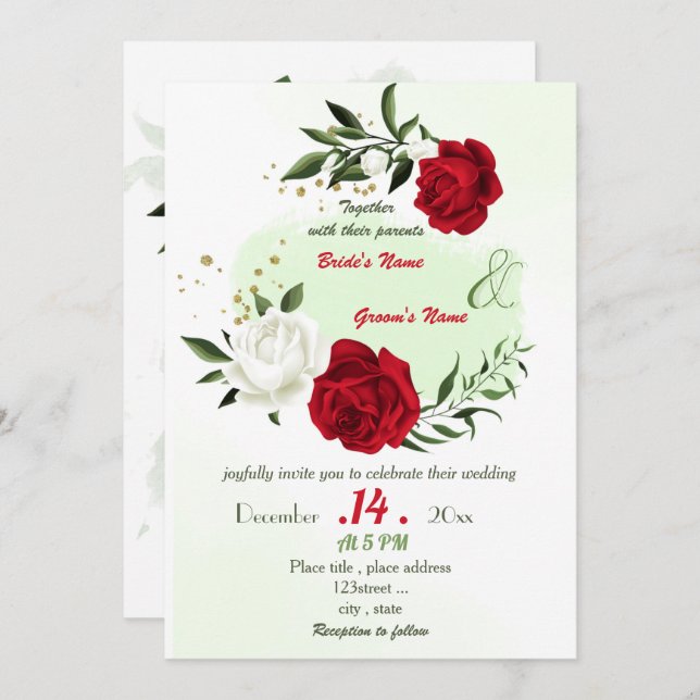 Invitation fleurs blanches rouges mariage (Devant / Derrière)
