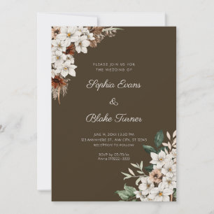 Invitation Fleurs blanches rustiques Boho bois brun mariage