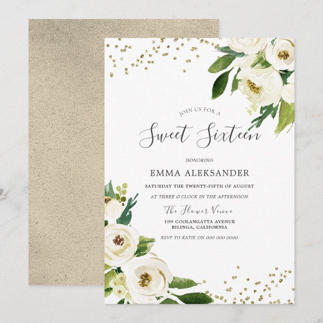 Invitation Fleurs blanches Sweet sixteen d'or moderne Invitat (Devant / Derrière)