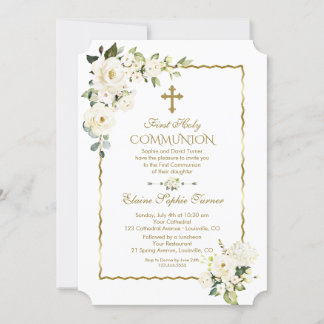 Invitation Fleurs blanches uniques Or Première Communion sain