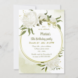 Invitation fleurs blanches verdure or couronne fête d'anniver