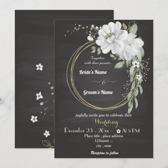 Invitation fleurs blanches verdure or couronne noir mariage (Devant / Derrière)