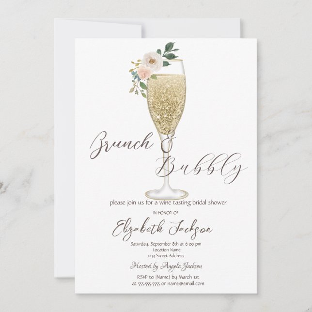 Invitation Fleurs blanches Verre de Champagne Brunch & Bubbly (Devant)