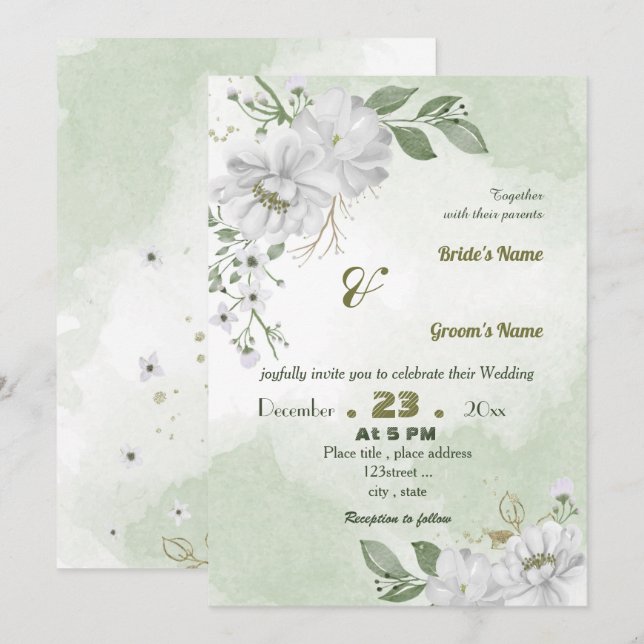 Invitation fleurs blanches vert feuille mariage (Devant / Derrière)