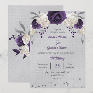 Invitation fleurs blanches violettes mariage gris botanique