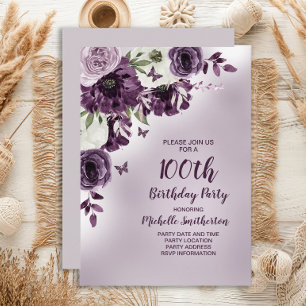 Invitation Fleurs blanches violettes Papillons 100e anniversa