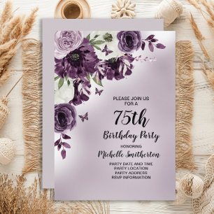 Invitation Fleurs blanches violettes Papillons 75e anniversai