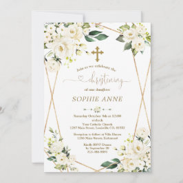 Invitation Fleurs blanches Whimsical Gold Girl Christening