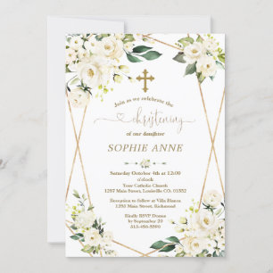 Invitation Fleurs blanches Whimsical Gold Girl Christening