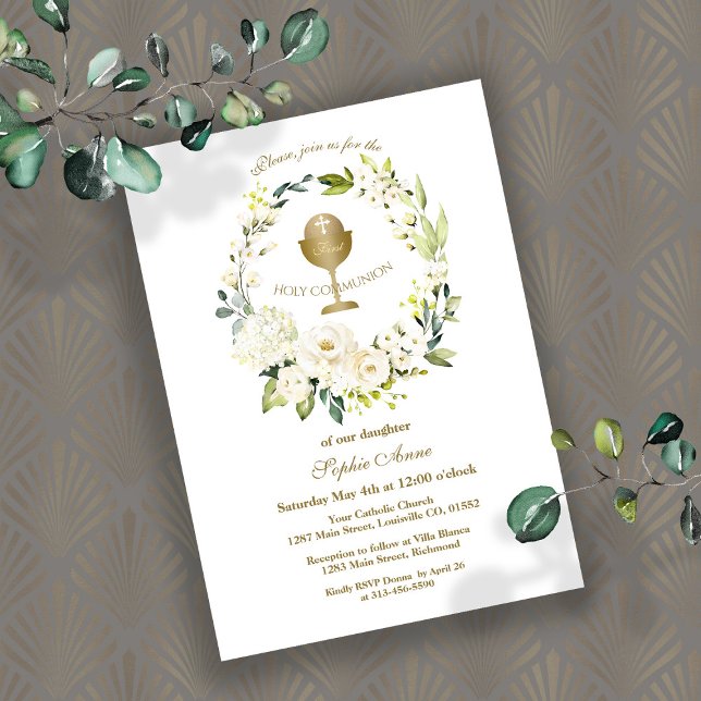Invitation Fleurs blanches Wreath Girl First Holy Communion (Créateur téléchargé)