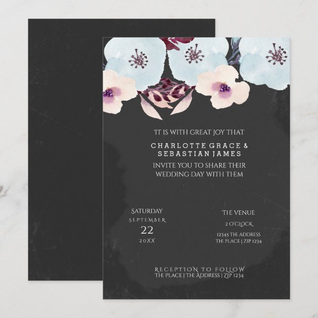 Invitation Fleurs bleu aquarelle sur Mariage de tableau de bo (Devant / Derrière)