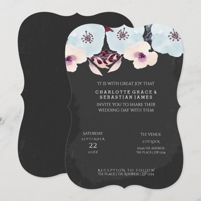 Invitation Fleurs bleu aquarelle sur Mariage de tableau de bo (Devant / Derrière)