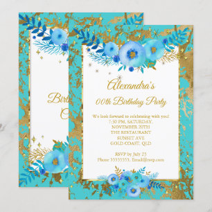 Invitation Fleurs Bleu Canard Or Fête d'Anniversaire