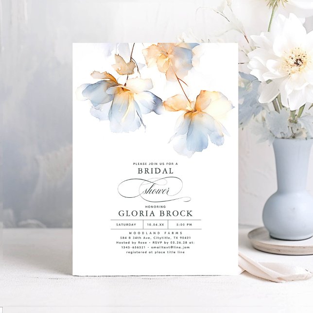 Invitation Fleurs bleu et or Dusty Fête des mariées moderne (Dusty Blue Bridal Shower Invitations)