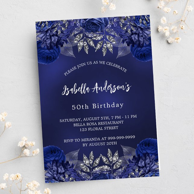Invitation Fleurs bleu marine anniversaire luxe (Créateur téléchargé)
