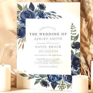 Invitation Fleurs Bleu Marine Aquarelle Floral Rustique Maria