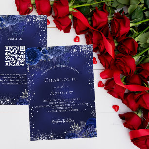 Invitation fleurs bleu marine argent QR RSVP luxe mariage