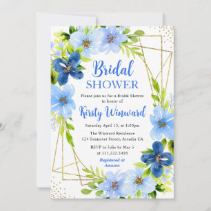 Invitation Fleurs Bleu Marine et Bébé Bleu Cadre Doré Baby Sh