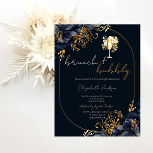 Invitation Fleurs Bleu Marine Petit Déjeuner & Bulles Baby Sh