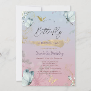 Invitation Fleurs Bleu Papillons Ombre Anniversaire