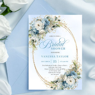 Invitation Fleurs Bleu Poussiéreux Élégantes Cadre Doré Maria