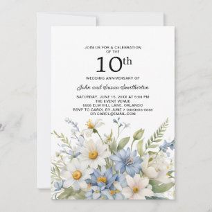 Invitation Fleurs Bleu Poussiéreux Marguerites Blanches 10ème