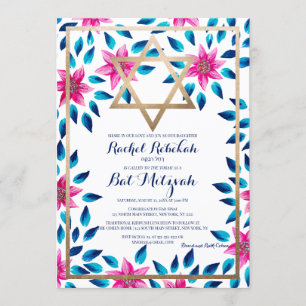 Invitation Fleurs bleu rose Feuille Bat mitzvah Nom hébreu