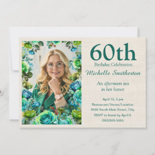 Invitation Fleurs Bleu Vert Moderne 60e Anniversaire Photo