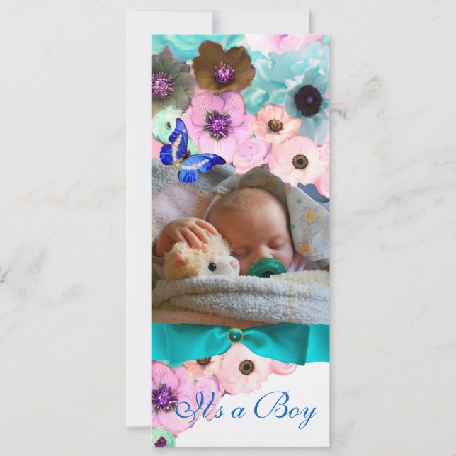 INVITATION FLEURS, BLEUE BABY SHOWER MODÈLE PHOTO (Devant)