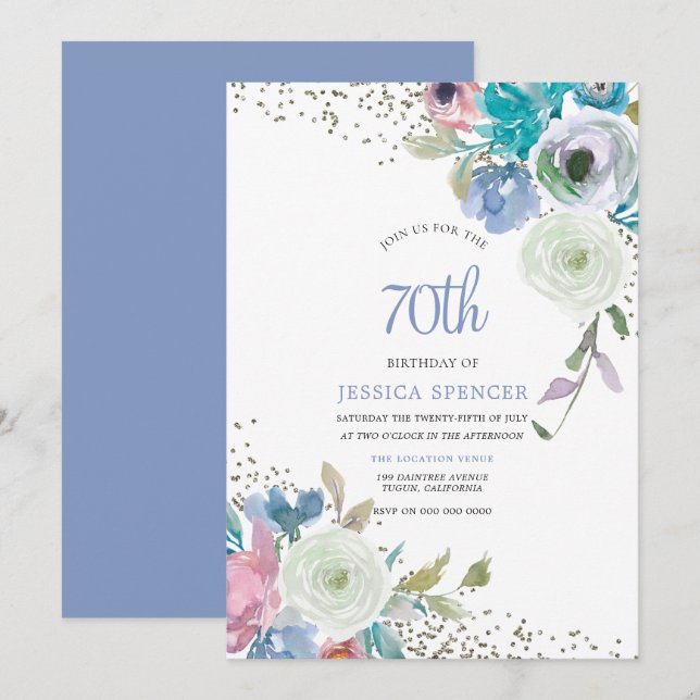 Invitation Fleurs bleues à la menthe magique 70e anniversaire (Devant / Derrière)