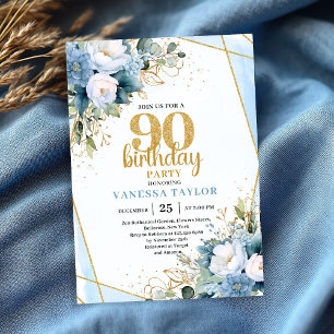 Invitation Fleurs Bleues Aquarelle 90e Anniversaire Élégant