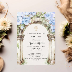 Invitation Fleurs bleues arche beige garçon Baptême