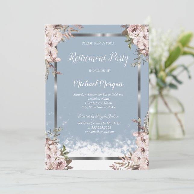 Invitation Fleurs bleues Argent Frame Dusty Blue Retraite (Debout devant)