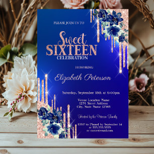 Invitation Fleurs bleues avec gouttes de paillettes or rose p