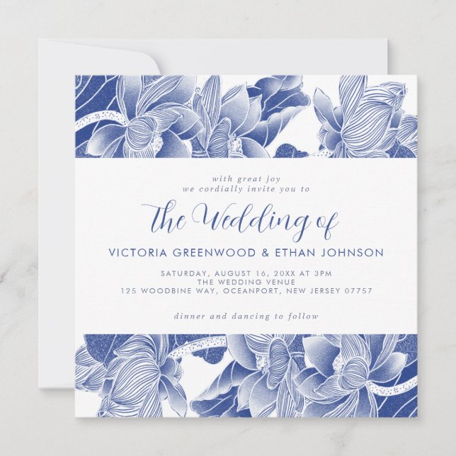 Invitation Fleurs Bleues Blanches Chinoiserie Chic Carré Mari (Devant)