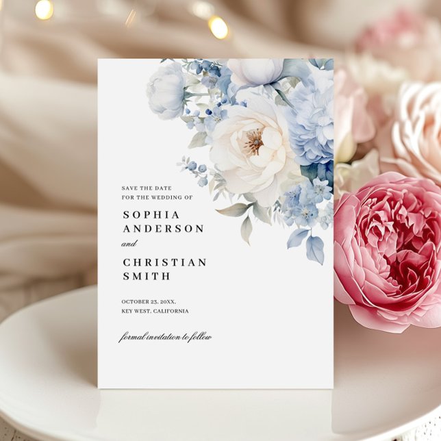 Invitation Fleurs Bleues & Blanches Mariage Enregistrer La Ca (Créateur téléchargé)