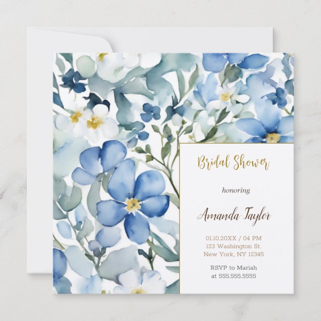 Invitation Fleurs Bleues Blancs Aquarelle Fête des mariées ch (Devant)
