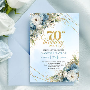 Invitation Fleurs bleues bohèmes intemporelles or 70e anniver