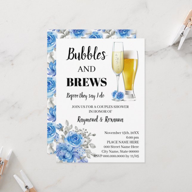 Invitation Fleurs Bleues Bubble & Brews Couples Douche (Devant/Arrière en situation)