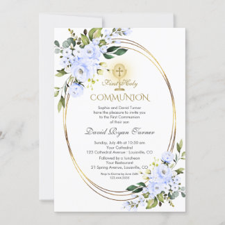 Invitation Fleurs Bleues Charme Garçon Or Première Communion 