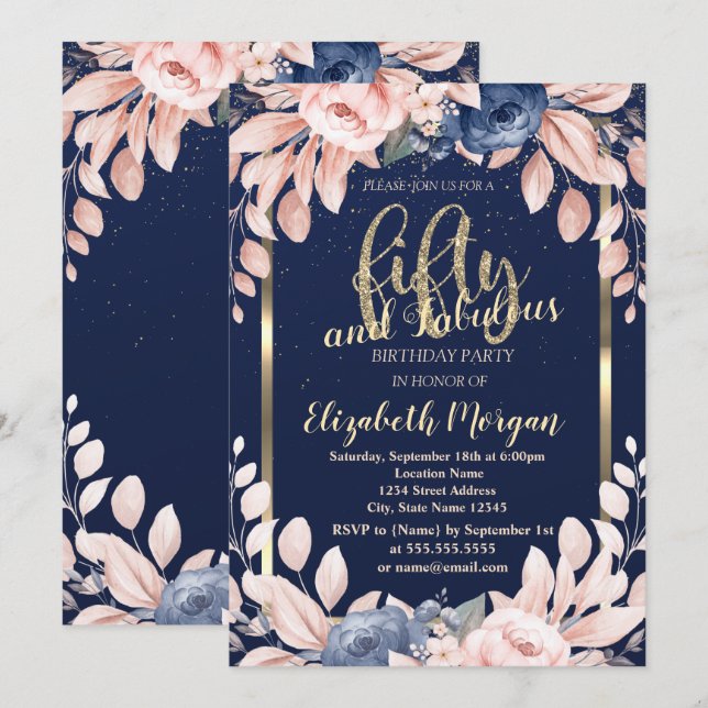 Invitation Fleurs bleues Confetti Marine Bleu 50e anniversair (Devant / Derrière)