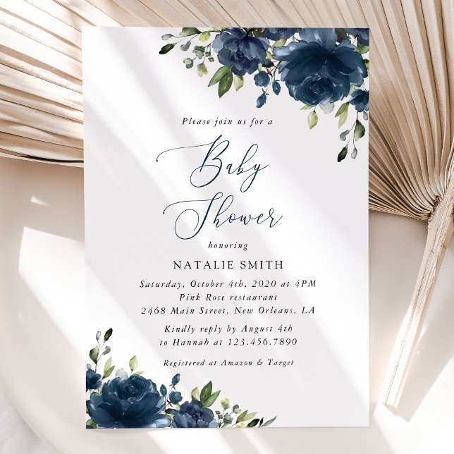 Invitation Fleurs bleues de la Marine, Verdure, Boho, Baby sh (Créateur téléchargé)