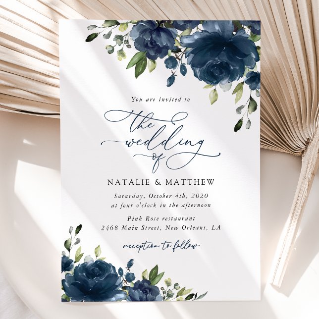 Invitation Fleurs bleues de la Marine, Verdure, Boho, Mariage (Créateur téléchargé)